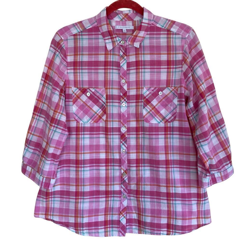 Foxcroft Shaped Fit Pink Plaid Button Down Shirt 3/4 Sleeves Cotton Lightweight